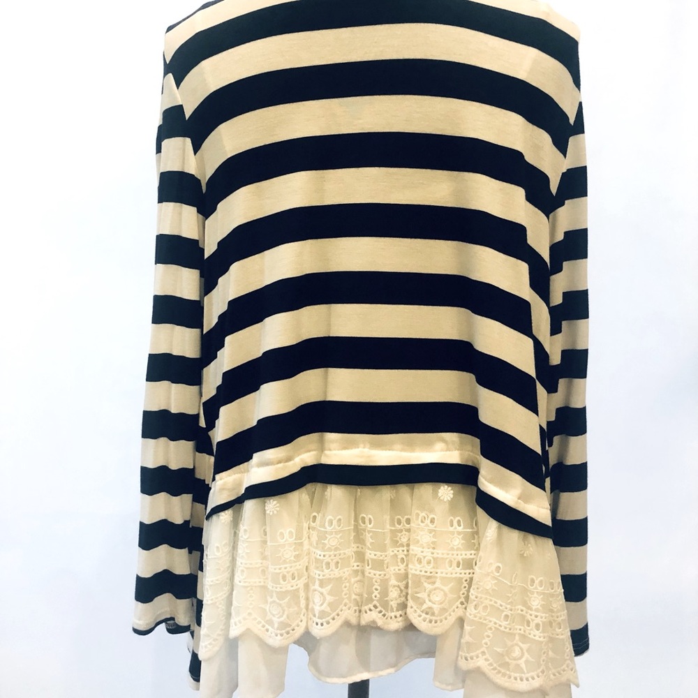 Entro Navy White Striped Cardigan W/ Lace Back. Sm - Picture 2 of 3